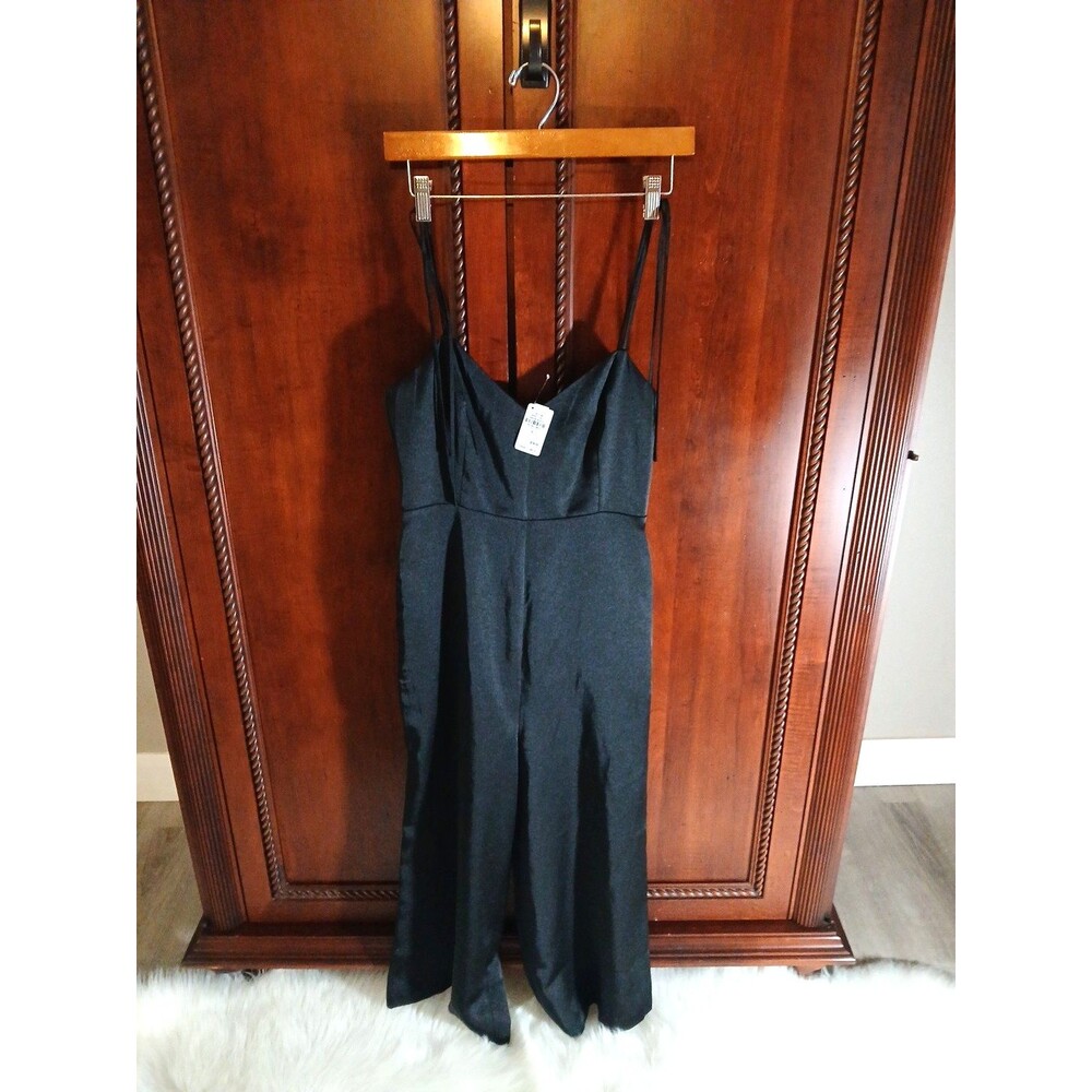 NWT Neiman Marcus ~ English Factory Women's S Black Satin Cropped Jumpsuit